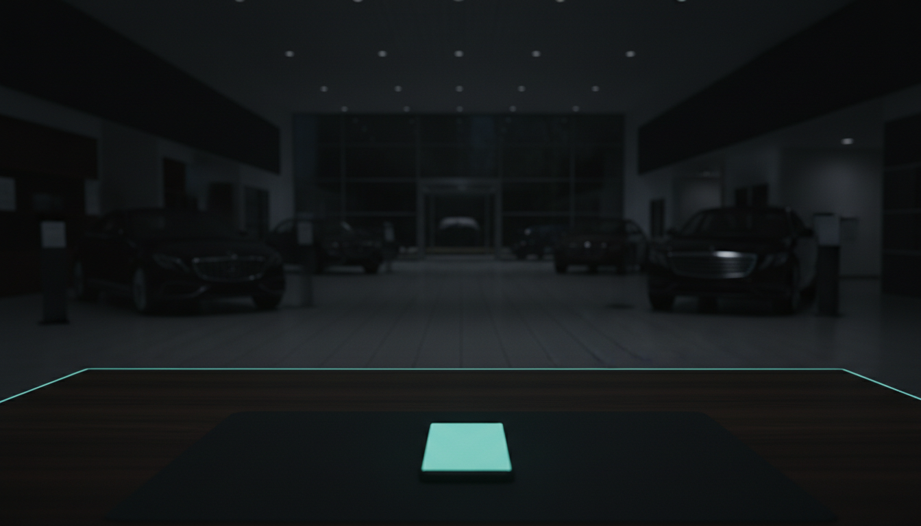 Late-night dealership desk with an unanswered customer text glowing on a phone